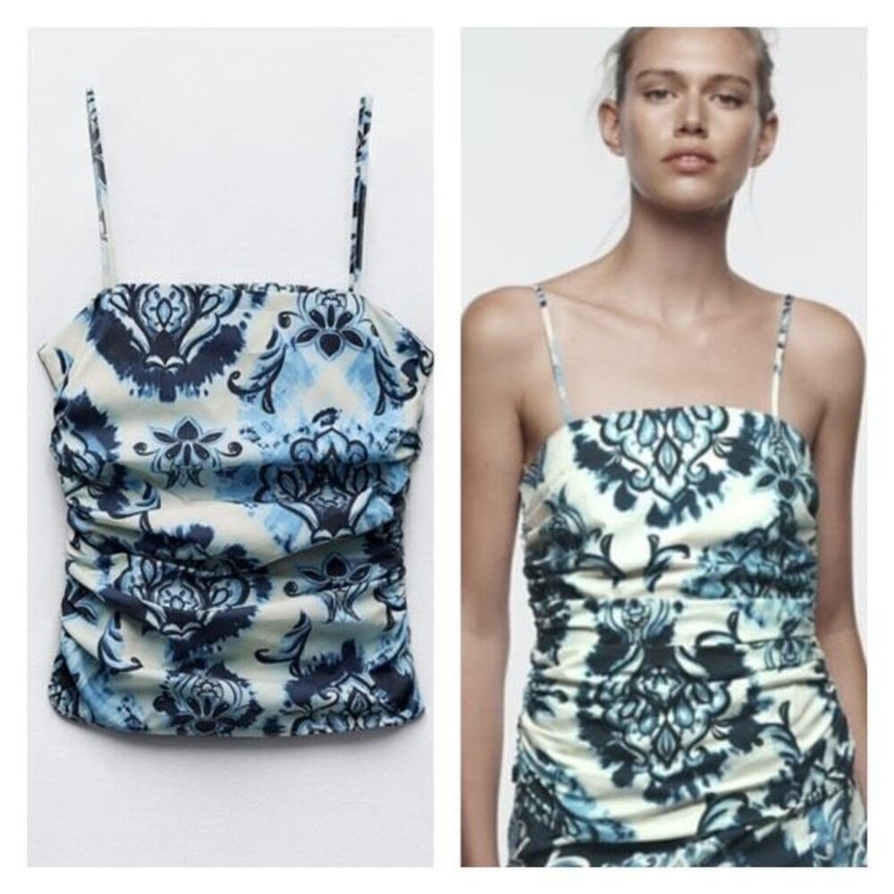 NWT Zara XS Floral‎ Printed Ruched Cami Tank Top Y2K Inspired THE OC White Blue